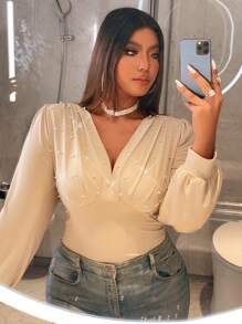 SHEIN Clasi Plus Size Women's Sexy Deep V-Neck Pearl Decor Ruffle Long Sleeve Bodysuit - Khaki - View 1