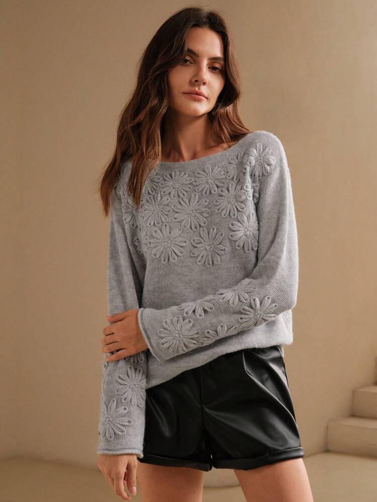 Gray Hand-Crocheted 3D Floral Pattern Loose Soft Winter Women Sweater, Knit Pullover Fall