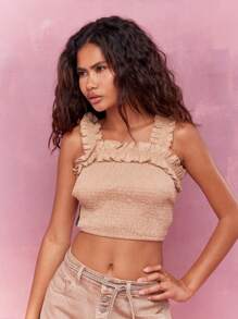MISSGUIDED Parte superior sin mangas con volantes y pliegues de estilo bohemio - Caqui - Ver 3