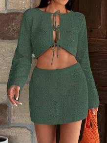 RueChic Hollow Out Cover Up Set, For Summer Beach Vacation - Green - View 3