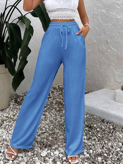 EURMUSE Women's Summer Solid Color Beige High Waist Drawstring Waist Linen Wide Leg Pants