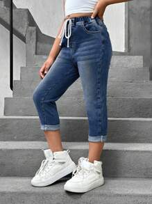 SHEIN Tween Girls' Casual Drawstring Waist Ripped Rolled Hem Casual Jeans With Pockets - Dark Wash - View 3