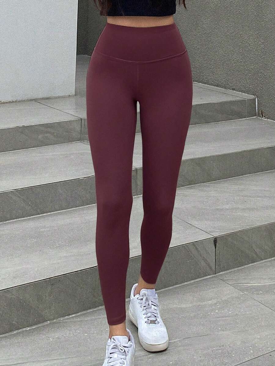 DAZY 女士纯色简约日常运动紧身裤秋季打底裤 - 酒紅色 - 查看 1