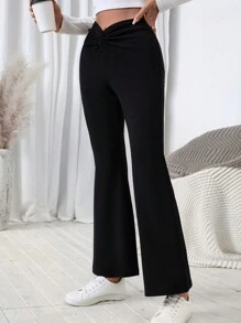 SHEIN LUNE Quần ống loe bó ống loe xoắn phía trước có họa tiết chữ V dành cho nữ - Màu Khaki - Xem 4