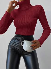 RueChic Women's Slim Fit Turtleneck Sweater - Burgundy - View 1