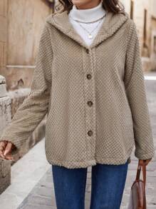 SHEIN LUNE Chaqueta reversible cálida y esponjosa de longitud media con capucha para mujer, térmica para otoño/invierno - Caqui - Ver 3