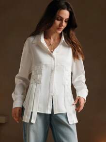 Anewsta Women's Solid Color Drop Shoulder Long Sleeve Fashionable Knit Trim Shirt, Spring/Summer