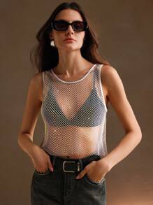 Anewsta Áo lưới co giãn nhiều lớp đính pha lê - Xám - Xem 3