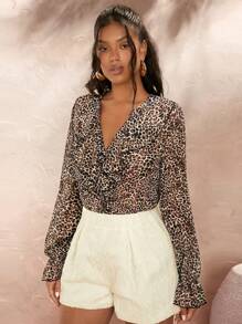 Opulessa Leisure Woven Leopard Print Ruffle Trim Women's Blouse, Long Sleeve Tops,For Autumn And Winter - Multicolor - View 3