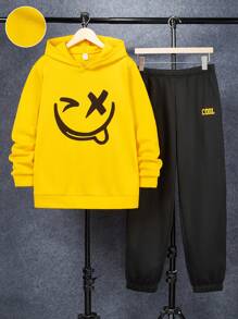 SHEIN Leap Crew 2 件套青少年男孩休闲宽松舒适图案印花连帽衫运动衫和运动裤套装 - 黃色 - 查看 1