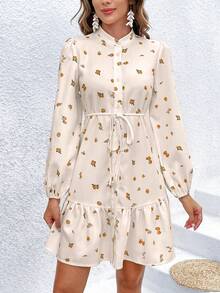 SHEIN VCAY Floral Print Ruffle Hem Long Sleeve Dress - Multicolor - View 7
