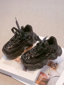 Nuevos zapatos deportivos para niños de otoño, tenis negros para niños grandes, zapatos casuales con plataforma de suela gruesa para niñas, zapatos para correr para estudiantes - Negro - Ver 3
