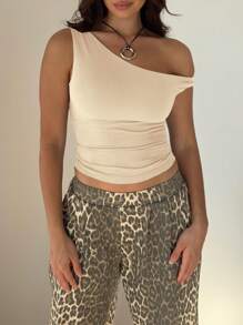 女士纯色简约休闲不对称肩短袖上衣（夏季款） - 杏色 - 查看 3