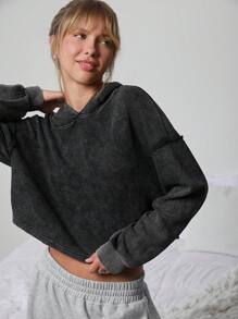 WESTFADE 华夫格针织休闲短款棉质连帽衫 - 黑色 - 查看 8