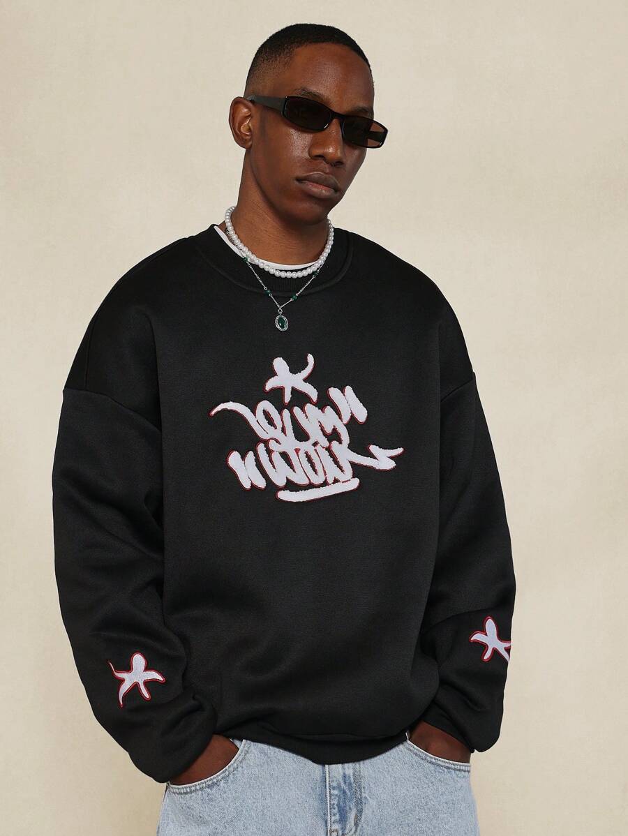 SUMWON Casual Fleece Sweatshirt With Chest Design Applique Fashion Athletic Fall Winter Loungewear Pullover Sports Training Workout Activewear - Black - View 1