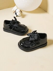 女童休闲日常穿圆头英伦风平底鞋，秋冬季 - 黑色 - 查看 5