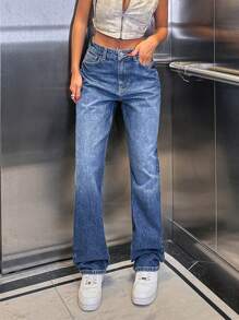 SHEIN Cottnline 100% Cotton HIGH RISE DARK BLUESTRAIGHT CUT WOMEN JEAN - Dark Wash - View 1