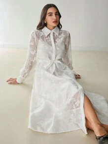 Enchnt Fall Winter Women's Mesh Long Sleeve Twist Waist Elegant Shirt Dress,White Dress,Winter Dresses,Fall Winter  Women's Clothing - White - View 4