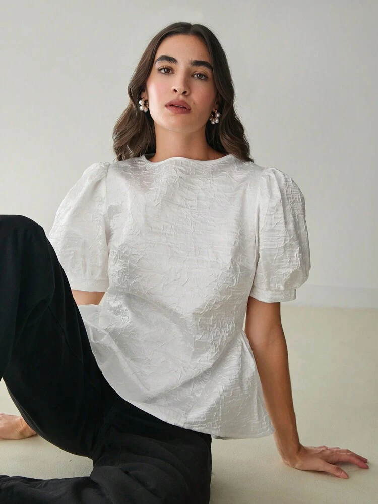 Romantic Autumn Women's White Puff Sleeve Backless Tie Elegant Shirt, Autumn Women's Shirt