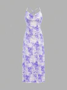 SHEIN Explorewe 2 件套青少年女孩休闲优雅碎花雪纺细肩带长裙和开衫度假装 - 紫色 - 查看 4