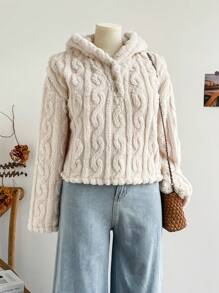 Dreamara Plus Size Women's Hooded Sweater, White Cable Knit Fleece, Adjustable Drawstring Hem, Long Sleeve Warm Pullover For Autumn & Winter