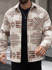 Manfinity RSRT Men's Geometric Pattern Long Sleeve Casual Loose Shacket, Spring Autumn Work Colorful Shacket, For Friends, Husband, Boyfriend Gifts - Khaki - View 6