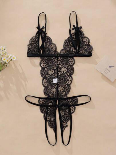 Ning xue yan ying Hollow Out See Through,Bow ated,Floral Kanten ,Elasticity,Backless,Classic Verleidelijke Bodysuit Lingerie, Teddy Rave Going view 7