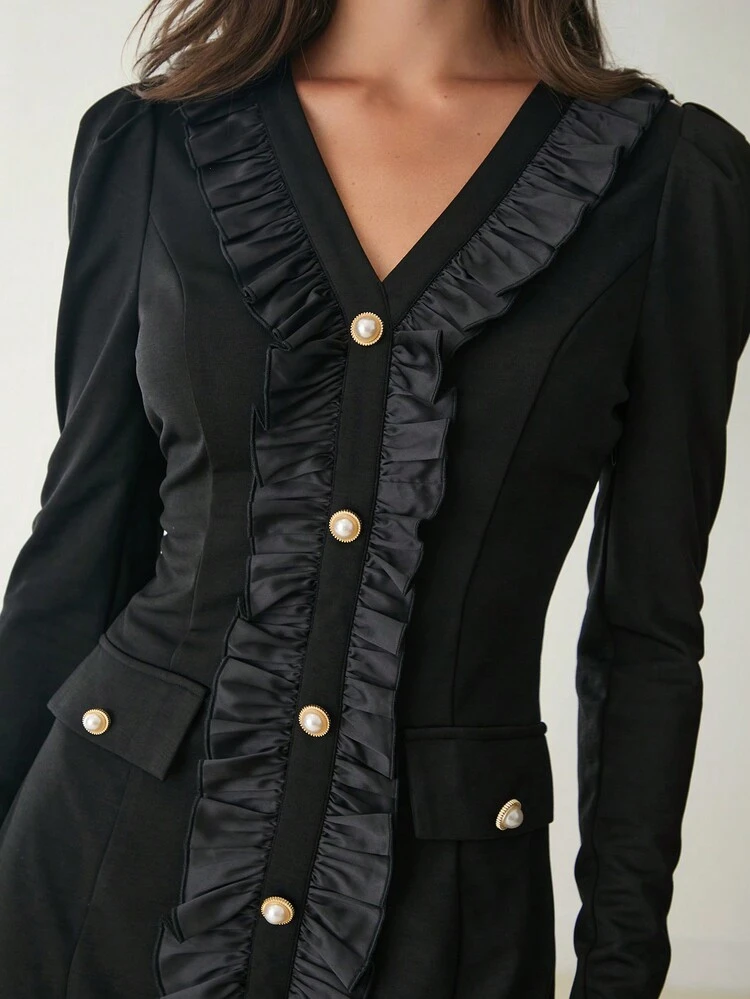 Romantic Autumn Women's Clothing, French Metal Button Frill Trim Casual Short Long-Sleeved V-Neck Dress, Autumn Dress, Autumn And Winter