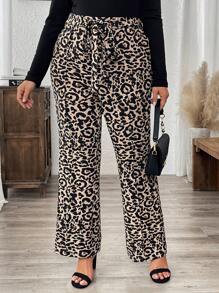 SHEIN LUNE Plus Size Fall Pants Leopard Print Flare Pants With Tie Bow Waistband Airport Women Outfits