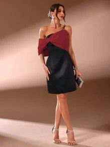 SHEIN Belle Burgundy Red Ladies Contrast Bow Decor Asymmetric Neck Elegant Cocktail Party Dress,Semi Formal Prom Gown For Wedding Guest,Birthday,Graduation&Dinner - Burgundy - View 5