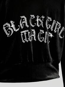INAWLY 2pcs Women's Crystal Embellished Hooded Sweatshirt And Flared Pants Set Fall Cloth For Women - Black - View 5