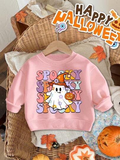 SHEIN 女婴万圣节休闲可爱卡通花朵南瓜鬼图案粉色针织柔软圆领宽松长袖运动衫，适合秋冬季