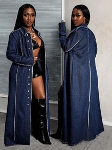 Slaydiva Women Plain Simplistic Long Sleeve Denim Jacket - Medium Wash - View 1