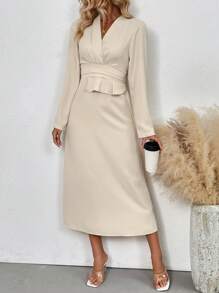 Chiquease Robe décontracté à manches longues et col en V simple de couleur unie pour femme - Nude - Voir 6