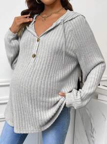 SHEIN Sudadera de maternidad de unicolor con bolsillo tipo canguro, de manga larga, de corte holgado, para invierno - Gris Claro - Ver 4
