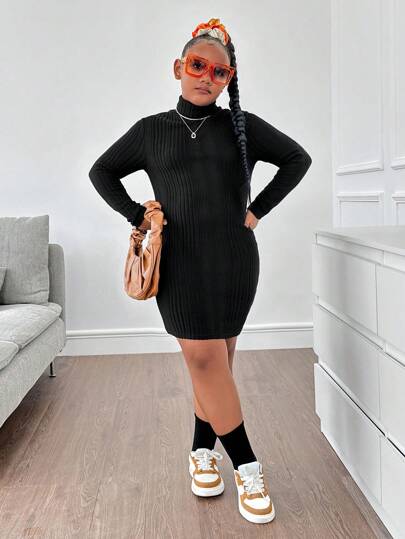 SHEIN Tween flickor utökad storlek Casual enfärgad stickad mock hals långärmad klänning
