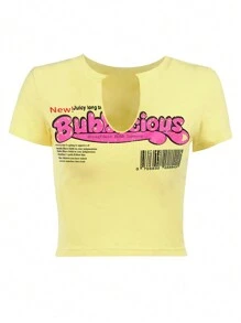 SHEIN Slayr 女士夏季修身V領短袖T恤，印有字母圖案