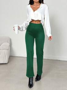 EURMUSE Solid High Waist Wide Leg Pants - Green - View 3