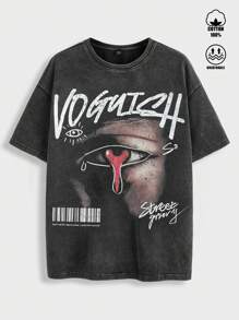 Manfinity ZONE917 男士超大街头风格复古做旧涂鸦红眼文字万圣节 + 亡灵节印花黑色宽松落肩雪花处理 T 恤。 - 黑色 - 查看 3