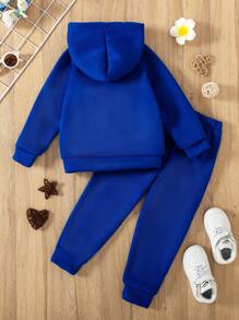 SHEIN 2 peças Conjunto de Moletom com Capuz e Estampa de Letra e Calça com Estampa de Letra para Meninas Jovens, Primavera e Outono - Azul - Visão 2
