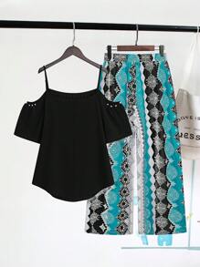 SHEIN Clasi Conjunto de 2 piezas de blusa de manga corta con hombros abiertos y pantalones de pierna ancha con estampado floral para mujeres de talla grande de verano