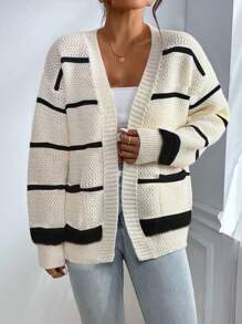 SHEIN Unity Cardigan de tricô minimalista com listras coloridas para mulheres - Preto e Branco - Visão 3
