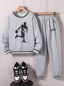 2 件装 Tween Boy 篮球印花运动衫运动套装，适合日常户外活动 - 灰色 - 查看 1