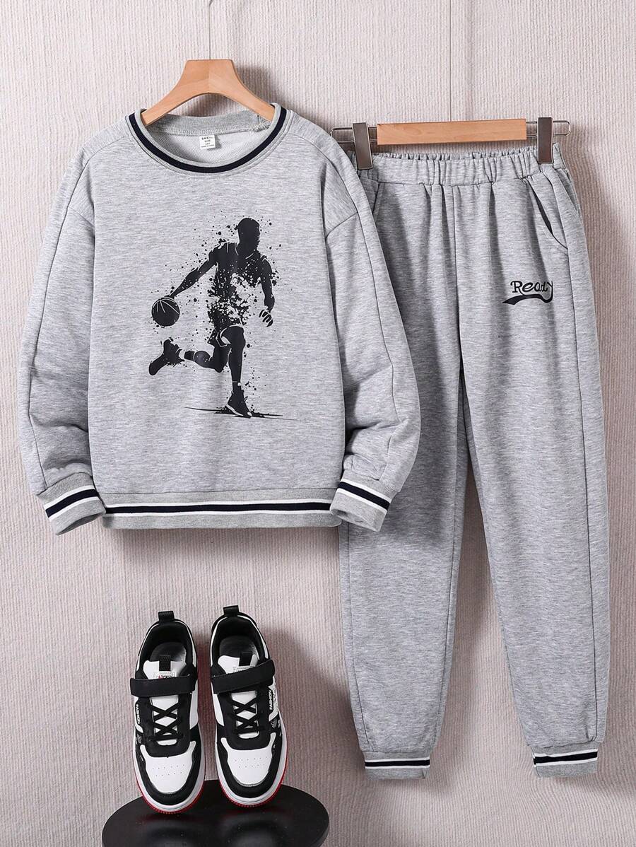 2 件装 Tween Boy 篮球印花运动衫运动套装，适合日常户外活动 - 灰色 - 查看 1