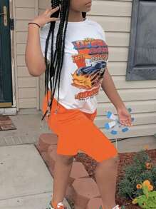 INAWLY Women Summer Alphabet Car Print Round Neck Short Sleeve Casual T-Shirt And Shorts Set - Multicolor - View 4