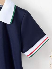 Girls Back To School College Style White Solid Color Peter Pan Collar Button Up Short Sleeve Dress - Navy Blue - View 4
