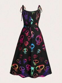 Flirla Plus Size Skull Print Sleeveless Casual Dress - Baby Blue - View 2