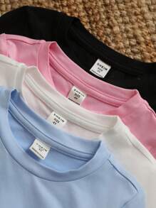 SHEIN Leap Crew 年轻女孩 4 件套圆领短款长袖基本款纯色针织 T 恤，非常适合秋冬季休闲日常穿着和学校日常穿着