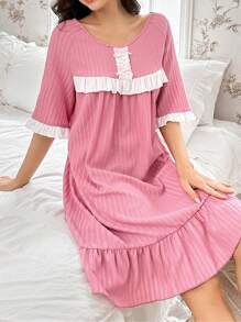 宽松提花荷叶边蝴蝶结饰边短袖睡袍 - 粉色 - 查看 1