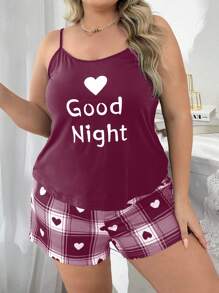 Plus Size Women's Heart Plaid Print Camisole And Shorts Pajama Set